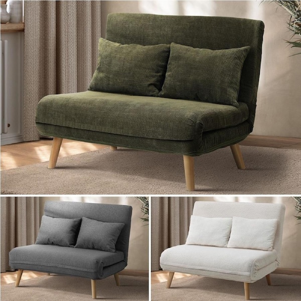 Oikiture Folding Sofa Lounge Single Bed Double Seat Adjustable Chair Recliner Chaise Corduroy/Green