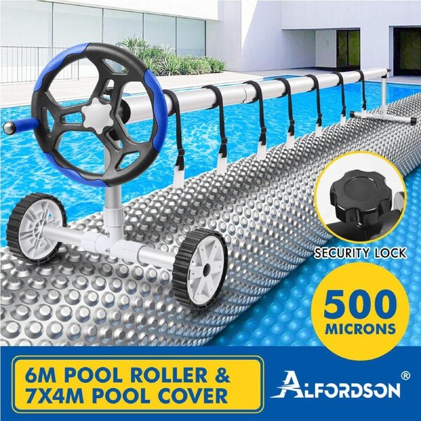 ALFORDSON Pool Cover 500 Micron Solar Blanket Swimming 6M Blue Roller Set 6M Roller + 7x4M Cover