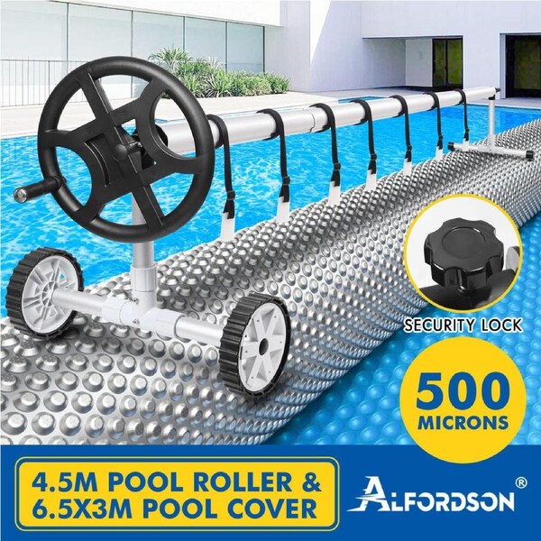 ALFORDSON Pool Cover 500 Micron Solar Blanket Swimming 4.5M Black Roller Set 4.5M Roller + 6.5x3M Cover
