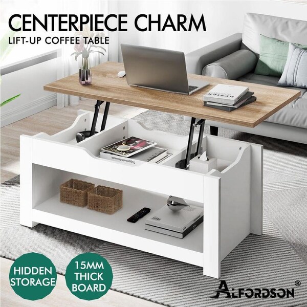 ALFORDSON Coffee Table Gas Lift Wooden Top Laptop Desk Storage Shelf Model 1 - Wood & White