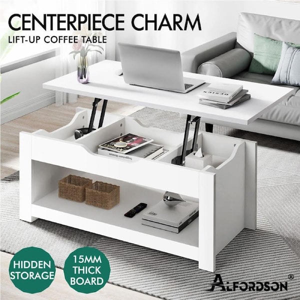 ALFORDSON Coffee Table Gas Lift Wooden Top Laptop Desk Storage Shelf Model 1 - White
