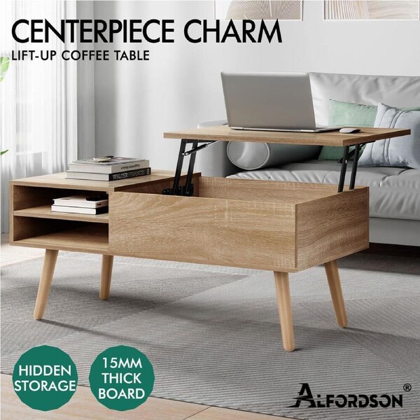 ALFORDSON Coffee Table Gas Lift Wooden Top Laptop Desk Storage Shelf Model 2 - Wood