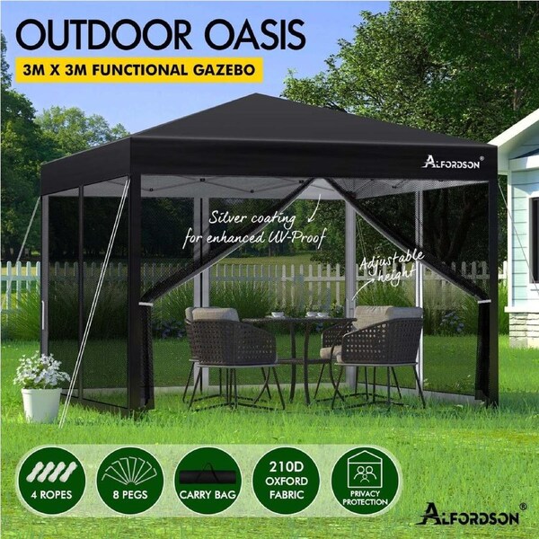 ALFORDSON Gazebo Pop Up Marquee 3x3m 3x6m Outdoor Canopy Camping Mesh Side Walls 3x3m - Black with mesh walls