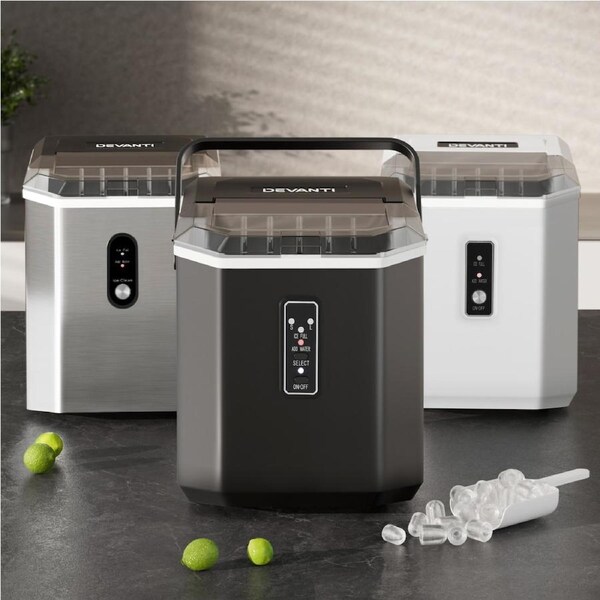 Devanti Ice Maker 12kg/Day Portable Countertop Bullet Ice Machine Compact Quiet Black Silver White White