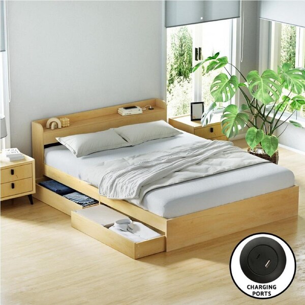 Artiss Bed Frame Double Queen Size with Charging Ports and 2 Drawers AURA Double