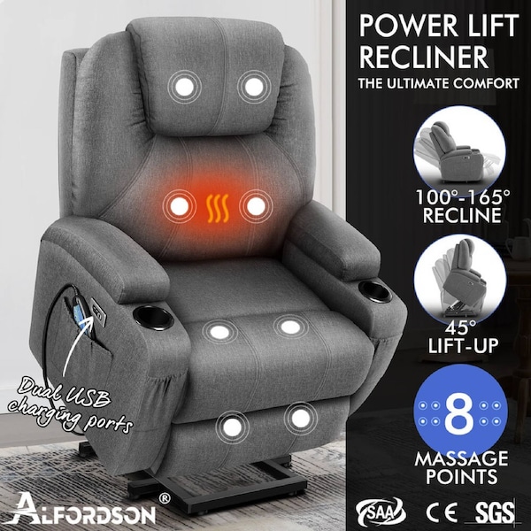ALFORDSON Recliner Chair Electric Lift Heated Massage Armchair Lounge Sofa Olham - Fabric Grey