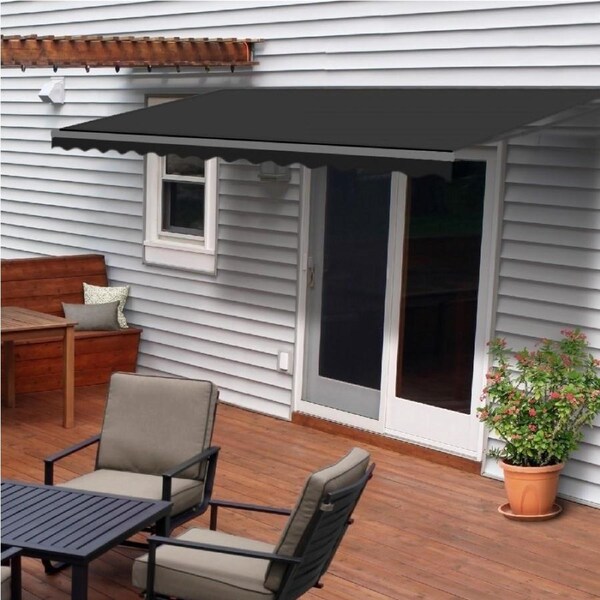 Outdoor Retractable Folding Arm Awning in Black with Dark Grey frame - 3 Sizes Width 1.92m x Projection 1.5m / Two Wall Brackets
