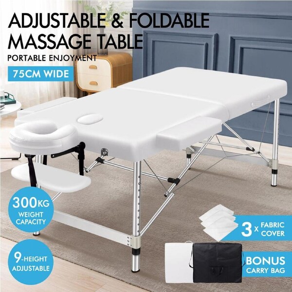 ALFORDSON Massage Table 2 Fold 55/75cm Foldable Portable Bed Aluminium Spa 2 Fold 75cm Wide - White