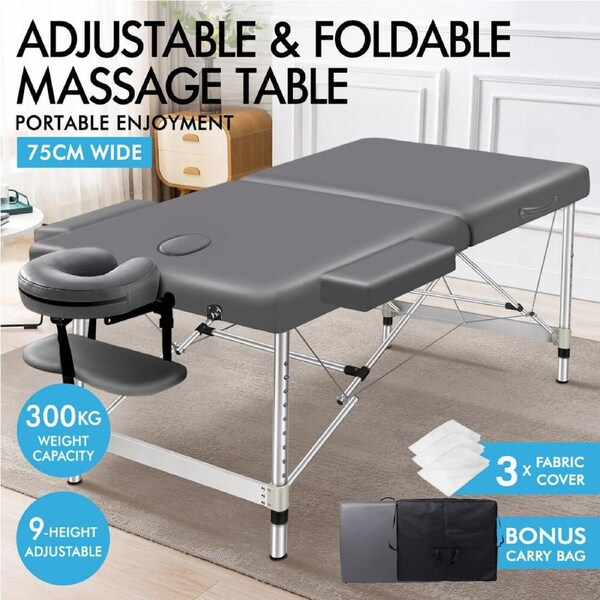 ALFORDSON Massage Table 2 Fold 55/75cm Foldable Portable Bed Aluminium Spa 2 Fold 75cm Wide - Grey
