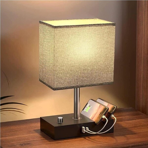 CLORA Bedside Table Lamp Dimmable Nightstand Lamp with USB Ports Phone Stands - 2 Color Gray