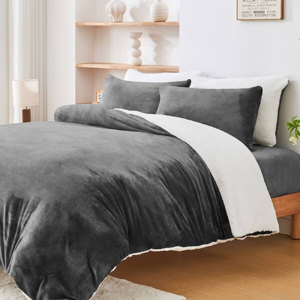 LINENOVA Luxurious Warm Teddy Fleece Sherpa Quilt Cover Duvet Cover Pillowcases Set,Fluffy,Comfort For Cold Winter Night Single / Charcoal