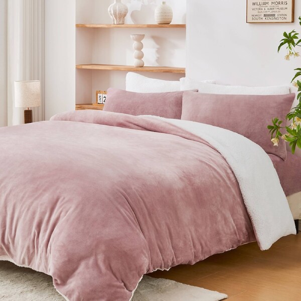 LINENOVA Luxurious Warm Teddy Fleece Sherpa Quilt Cover Duvet Cover Pillowcases Set,Fluffy,Comfort For Cold Winter Night Single / Dusty Pink