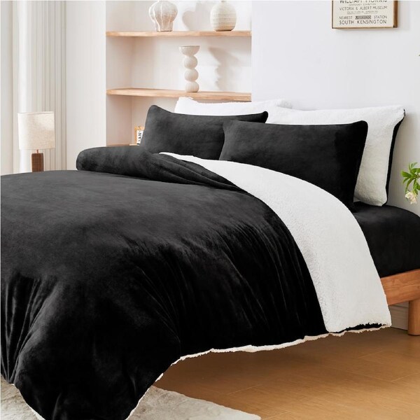 LINENOVA Luxurious Warm Teddy Fleece Sherpa Quilt Cover Duvet Cover Pillowcases Set,Fluffy,Comfort For Cold Winter Night King / Black