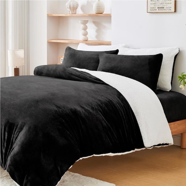 LINENOVA Luxurious Warm Teddy Fleece Sherpa Quilt Cover Duvet Cover Pillowcases Set,Fluffy,Comfort For Cold Winter Night Super King / Black