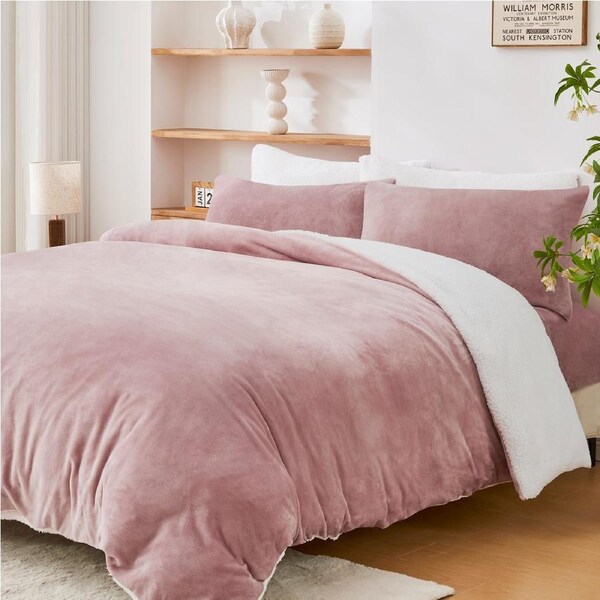 LINENOVA Luxurious Warm Teddy Fleece Sherpa Quilt Cover Duvet Cover Pillowcases Set,Fluffy,Comfort For Cold Winter Night Super King / Dusty Pink