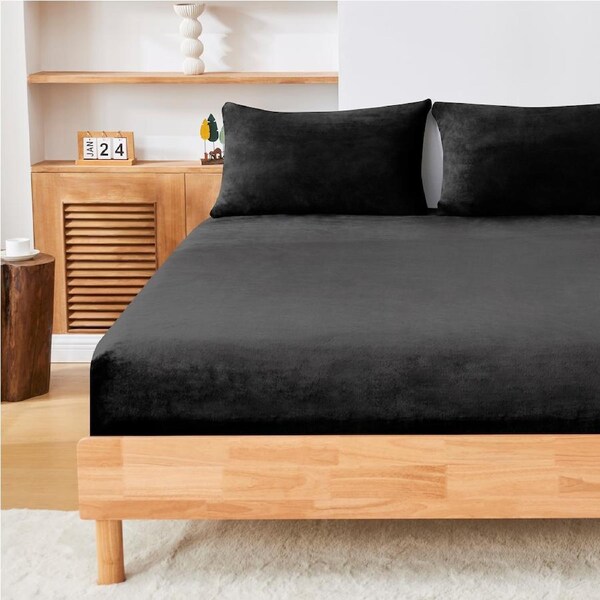 LINENOVA Super Warm Teddy Fleece Fitted Sheet Pillowcases Combo Set,Comfort Soft,For Cold Winter Night Single / Black
