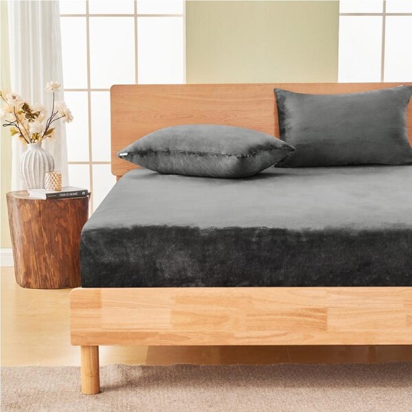 LINENOVA Super Warm Teddy Fleece Fitted Sheet Pillowcases Combo Set,Comfort Soft,For Cold Winter Night Queen / Charcoal