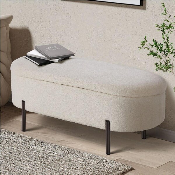 Oikiture Storage Ottoman Bench Oval Footstool Blanket Box Chest Toy Steel Legs Sherpa /Linen Sherpa White