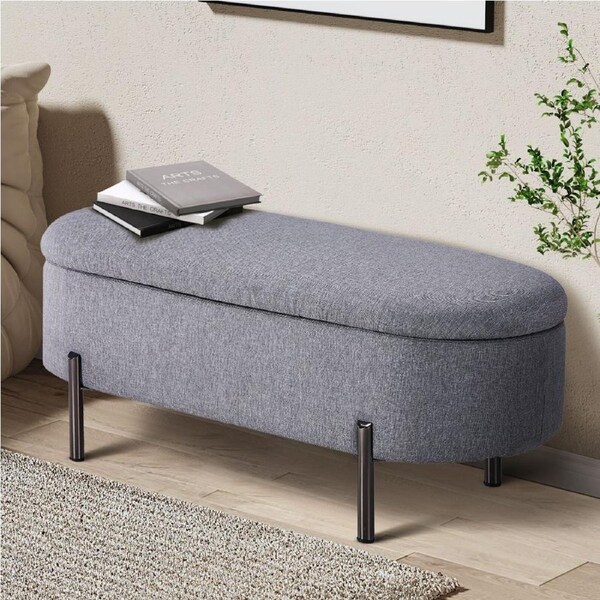 Oikiture Storage Ottoman Bench Oval Footstool Blanket Box Chest Toy Steel Legs Sherpa /Linen Linen Grey