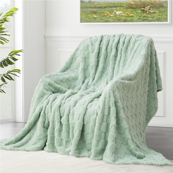 LINENOVA Fleece Throw Blanket for Sofa - Soft Checkered Fluffy Cosy Blanket for Bed,Office,Camping,Travel Twin / Sage Green