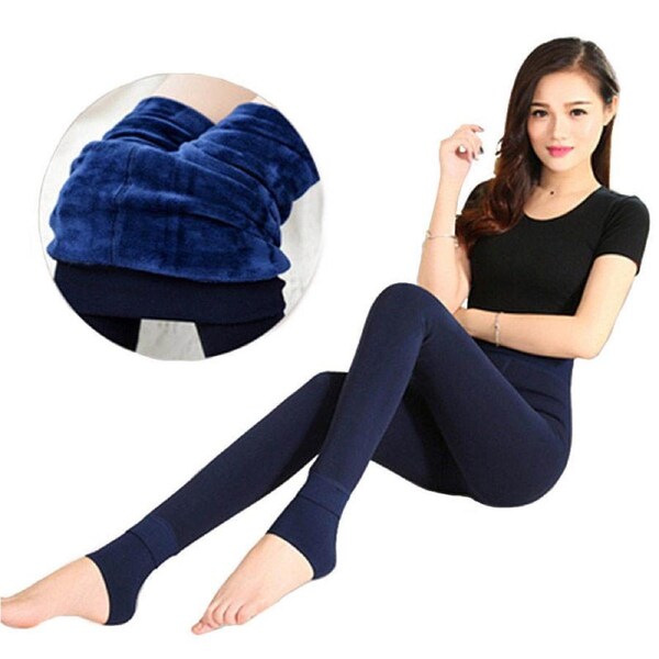Nevenka Winter Warm Fleece Lined Elastic Leggings Pants for Women-Navy Blue One Size