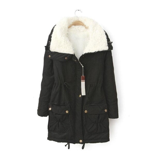 Nevenka Women's Mid Length Winter Coat Thickened Warm Lamb Wool Lined Jacket-Black L