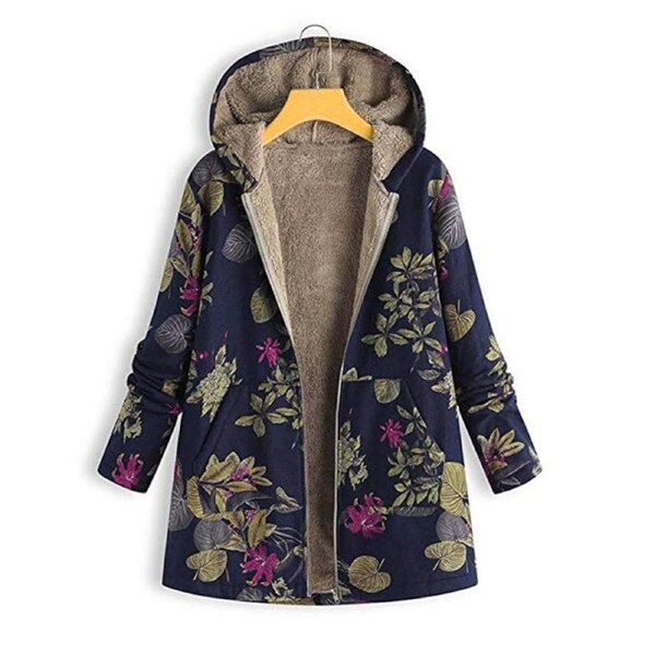 Nevenka Womens Bohemian Floral Print Jacket Plush Hooded Warm Coat-B 2XL