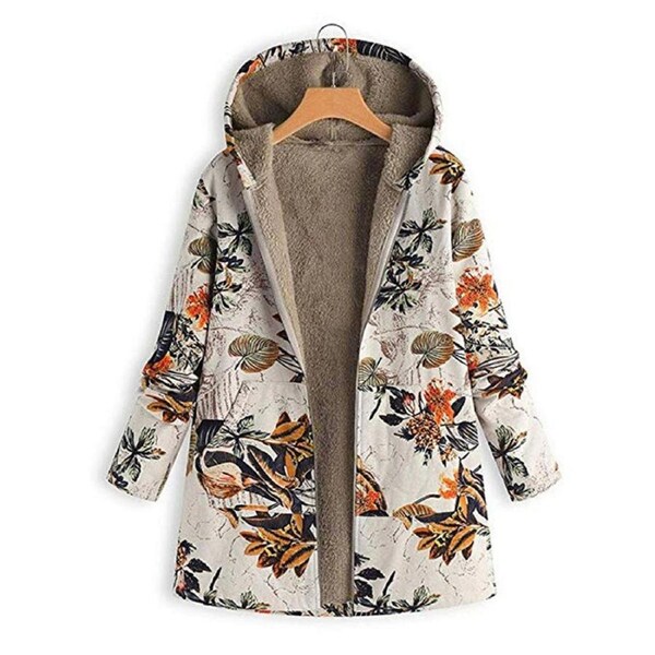 Nevenka Womens Bohemian Floral Print Jacket Plush Hooded Warm Coat-A 3XL