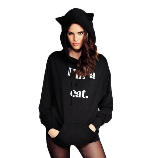 Nevenka Womens Alphabet Priting Cat Ear Hoodies Sweatshirt-Black 2XL