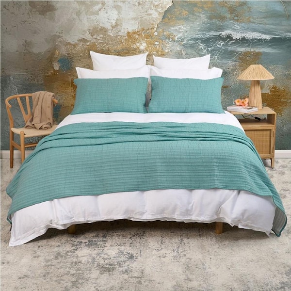 Sheraton Luxury Pick Stitch Coverlet Set Teal Blue Queen/King