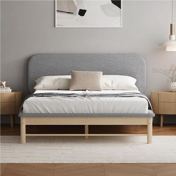 Oikiture Wooden Bed Frame Padded Fabric Edges Pine Timber Headboard Base Grey Queen