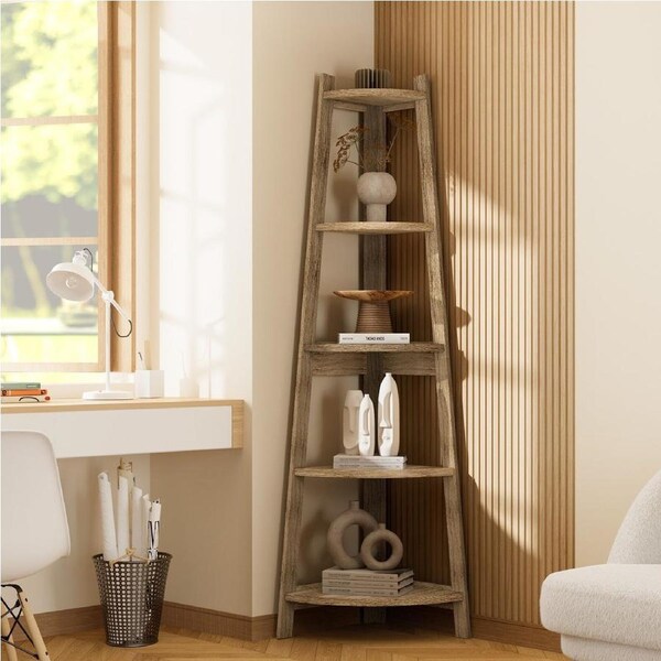 Oikiture Corner Ladder Shelf 5 Tier Bookshelf Display Rack Plant Stand Natural