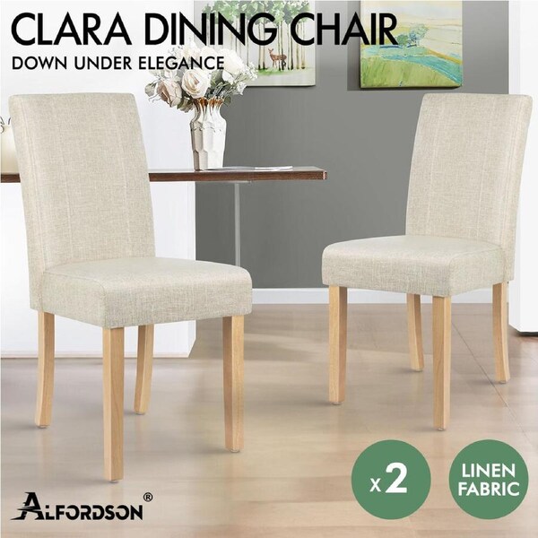 ALFORDSON Dining Chairs Kitchen Chair Retro High-Back Fabric Leather Wooden x2/4 Linen fabric - Beige x 2