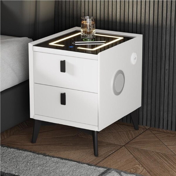 Oikiture Smart Bedside Table Wireless Charging LED 2 Drawers Nightstand White