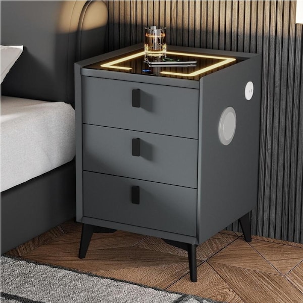 Oikiture Smart Bedside Table Wireless Charging LED 3 Drawers Nightstand Grey