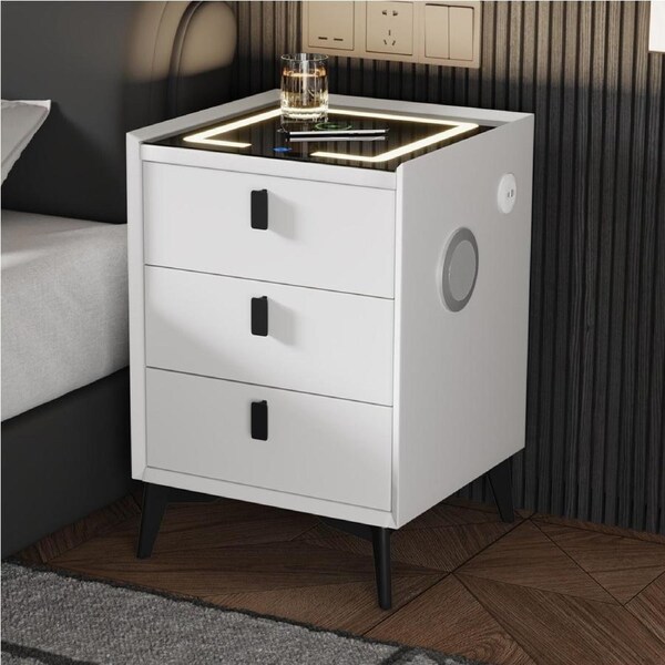 Oikiture Smart Bedside Table Wireless Charging LED 3 Drawers Nightstand White