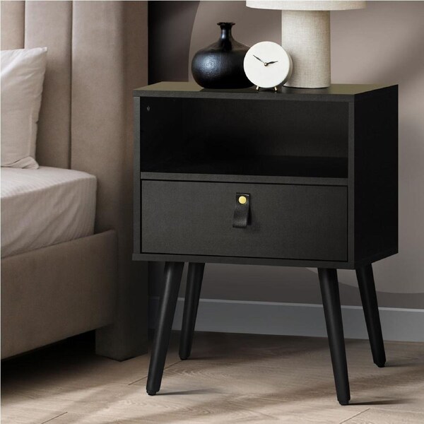 Oikiture Bedside Tables Side Table Storage Cabinet w/ Leather Handle Black