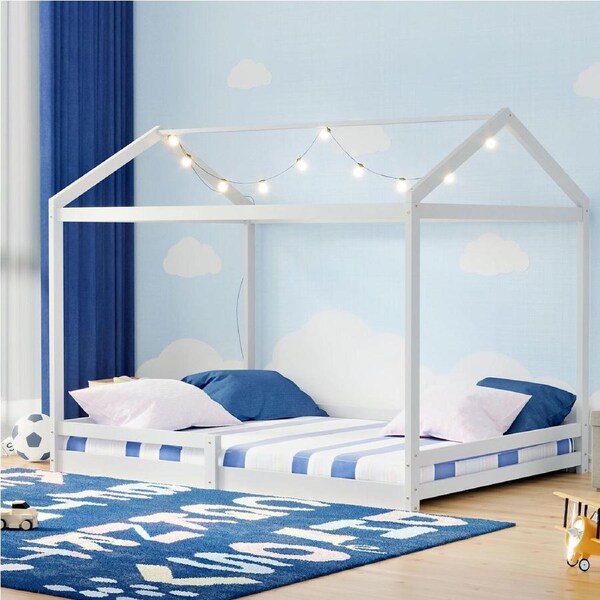Oikiture Double Kids Wooden Bed Frame Timber House Beds Base Fence Natural White White