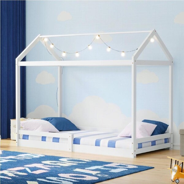 Oikiture Kids Wooden Bed Frame House Beds Base Pine Timber Fence Single White Beige White