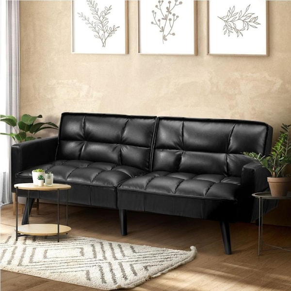 Oikiture 3-Seater Sofa Bed Convertible Futo Lounge Couch Recliner Velvet Sherpa Black-Faux Leather