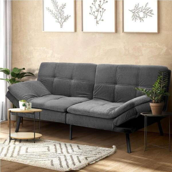 Oikiture 3-Seater Sofa Bed Futon Recliner Lounge Couch Convertible Velvet/Leather Velvet Grey