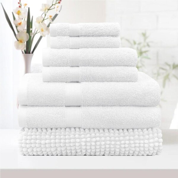 LINENOVA 7Pieces 100% Cotton Premium Quality Bath Towel Sets Chenille Bath Mat 550GSM 8 Colors 7 Piece / White