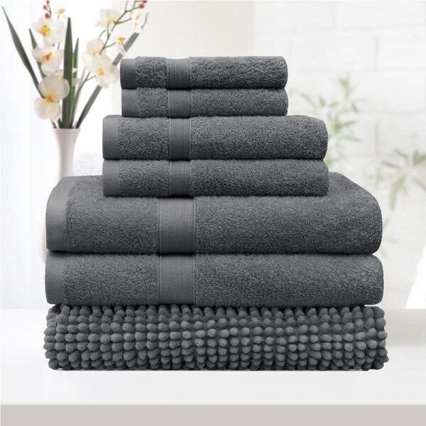 LINENOVA 7Pieces 100% Cotton Premium Quality Bath Towel Sets Chenille Bath Mat 550GSM 8 Colors 14 Piece / Charcoal