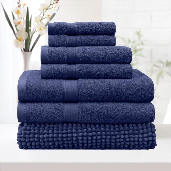 LINENOVA 7Pieces 100% Cotton Premium Quality Bath Towel Sets Chenille Bath Mat 550GSM 8 Colors 14 Piece / Navy