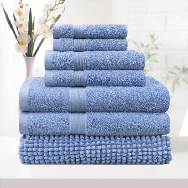 LINENOVA 7Pieces 100% Cotton Premium Quality Bath Towel Sets Chenille Bath Mat 550GSM 8 Colors 14 Piece / Blue suede
