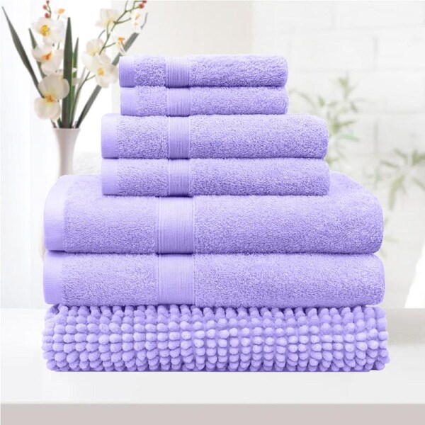 LINENOVA 7Pieces 100% Cotton Premium Quality Bath Towel Sets Chenille Bath Mat 550GSM 8 Colors 14 Piece / Lavender