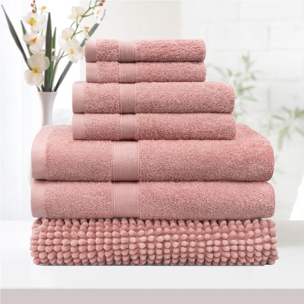 LINENOVA 7Pieces 100% Cotton Premium Quality Bath Towel Sets Chenille Bath Mat 550GSM 8 Colors 14 Piece / Coral