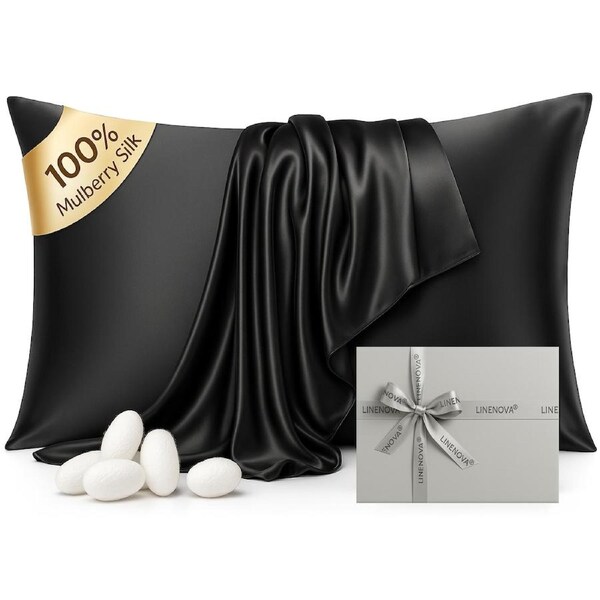 LINENOVA 100% Mulberry Silk Pillowcases Double-sided Silk Luxury 22 Momme Pillow Cases 1 Pc / Black