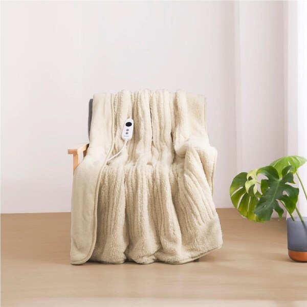 Dreamaker Reversible Sherpa & Coral Fleece Heated Throw Cream 120x160cm