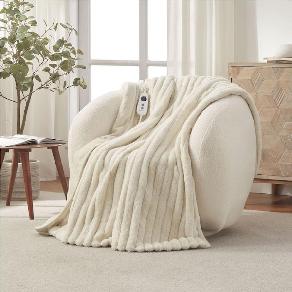 Dreamaker Chunky Embossed Fleece Heated Throw Natural 130x160cm